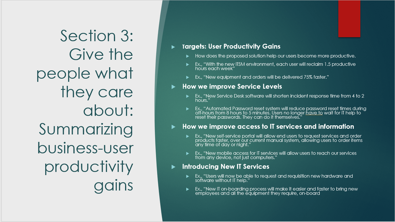 Example presentation slide for summarizing business-user productivity gains