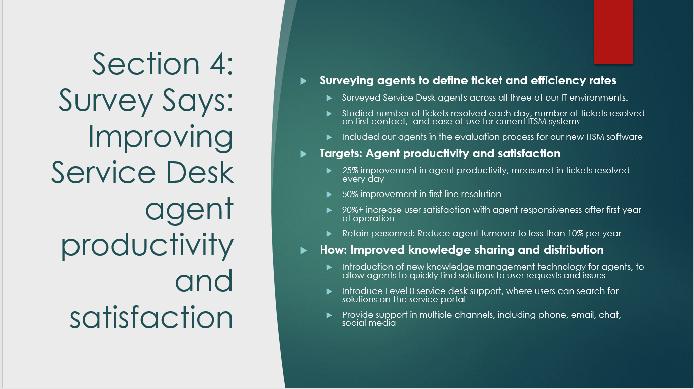 Sample presentation points for discussing Service Desk agent productivity improvements