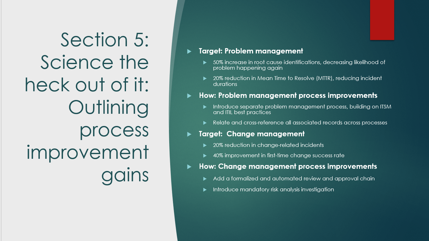 Sample presentation for discussing process improvement gains for an ITSM business case