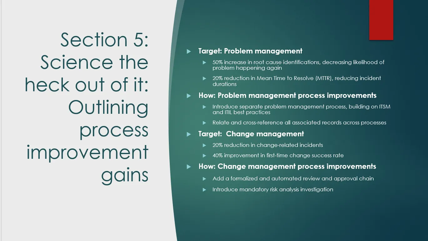 Sample presentation for discussing process improvement gains for an ITSM business case