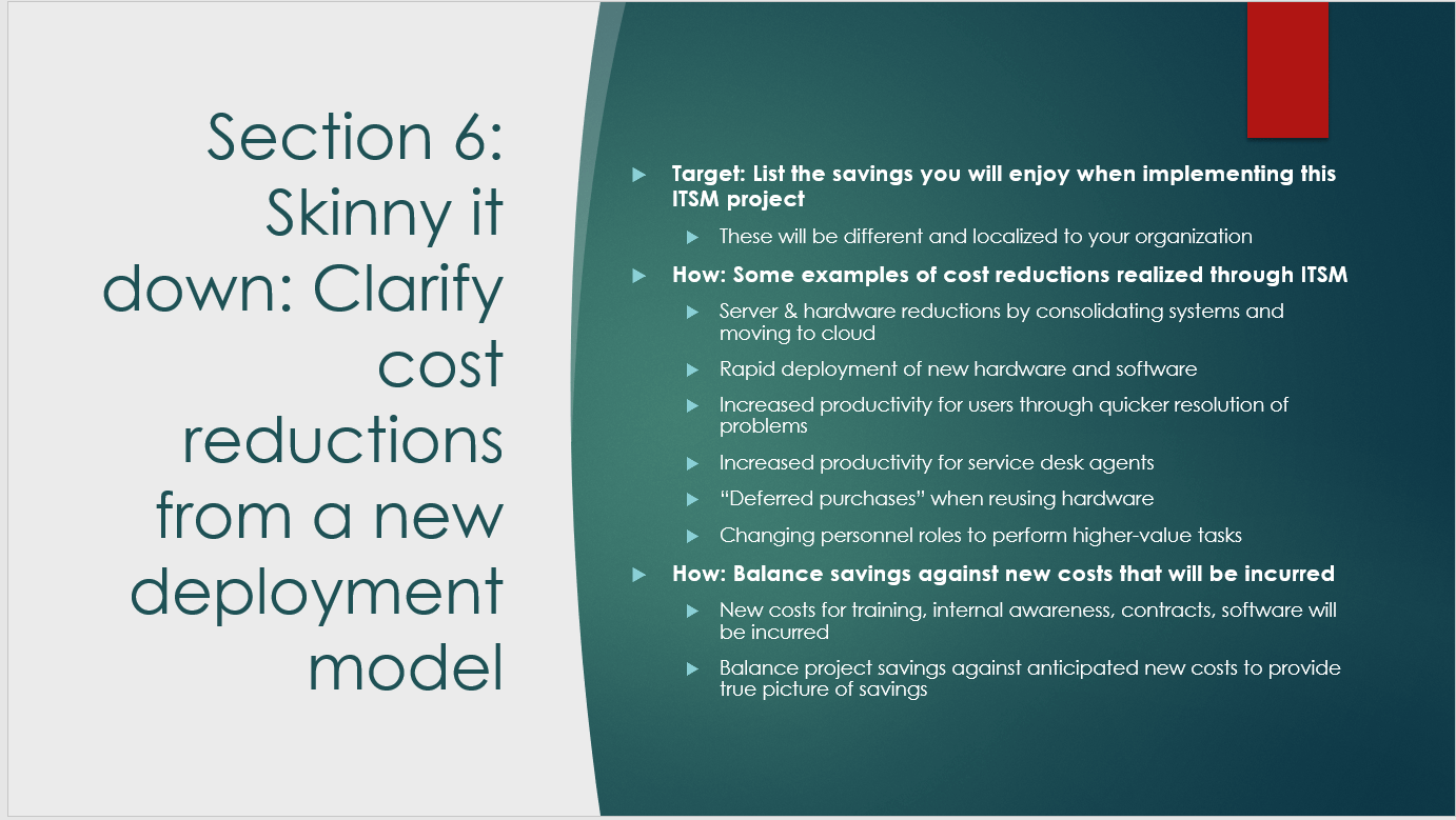 Items that could be included in the cost reductions section of an ITSM business case presentation